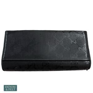 Gucci GG Monogram Long Wallet Black Canvas Leather Snap Designer Organizer Chic